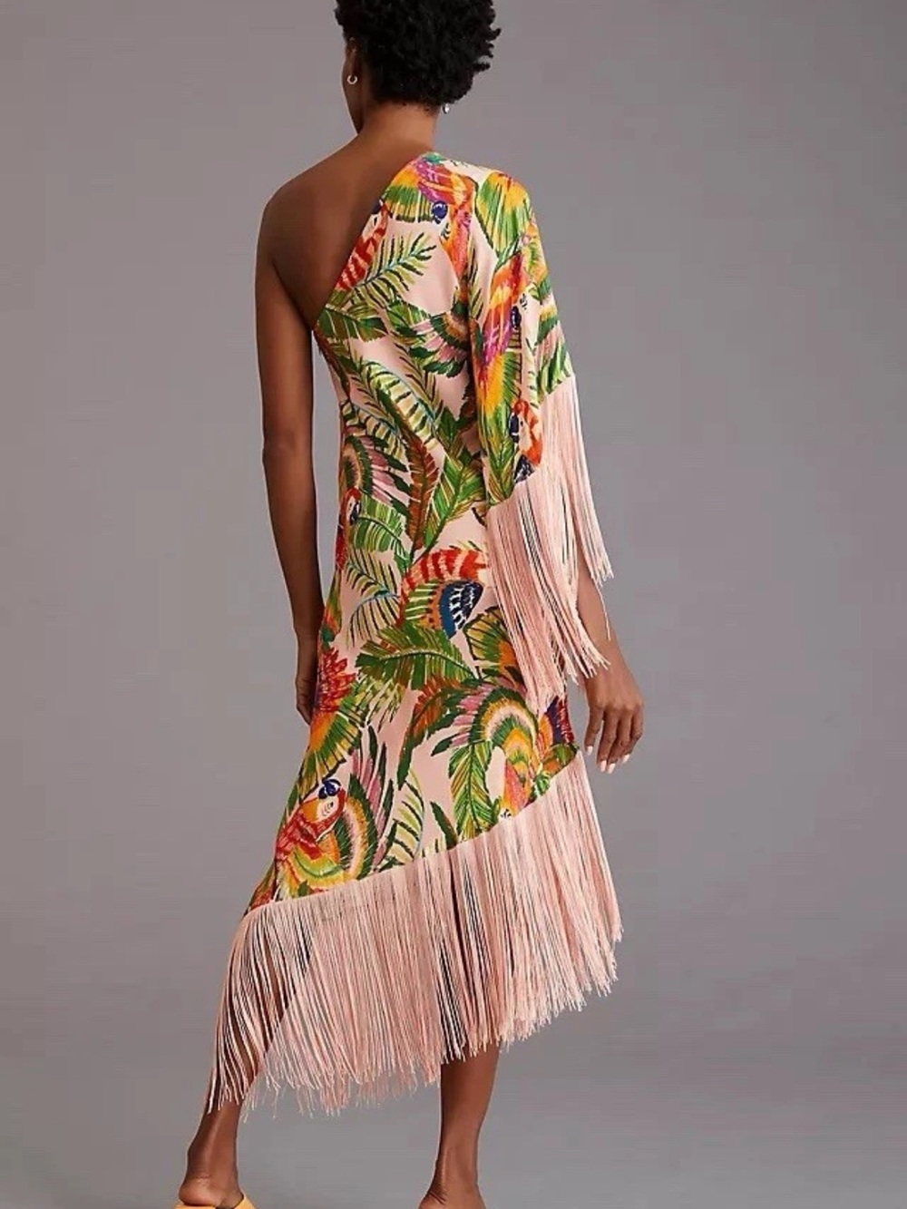 FARM Rio Macaw Leaves One Shoulder Fringe Midi Dress XL Parrot Tropical Rare - Picture 3 of 15